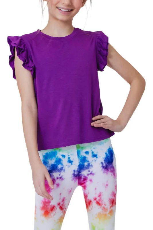 Today’s Deal Girl's Rayon Ruffle Sleeve Crop Tee Top In Grape Juice