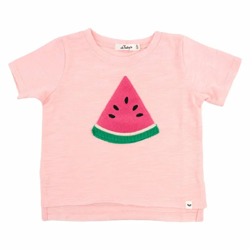 Extra Discounts Girl's Watermelon Terry Applique Raw Edge Tee In Pale Pink