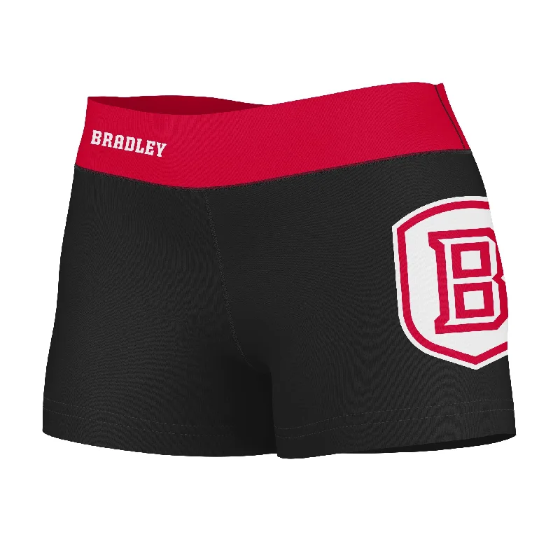 Closeout Sale Bradley Braves Logo on Thigh & Waistband Black & Red Womens Yoga Booty Workout Shorts by Vive La Fete Closeout Sale Bradley Braves Logo on Thigh & Waistband Black & Red Womens Yoga Booty Workout Shorts by Vive La Fete