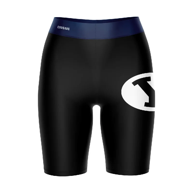 BYU Cougars Game Day Logo on Thigh and Waistband Black and Blue Womens Bike Shorts by Vive La Fete