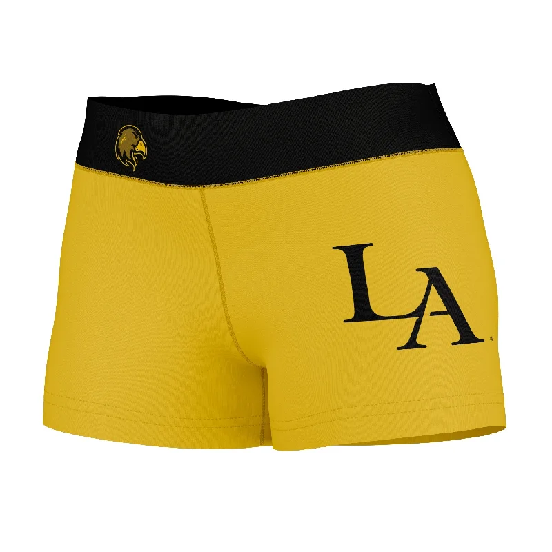 Year-End Sale Cal State LA Golden Eagles Logo on Thigh & Waistband Gold Black Womens Yoga Booty Workout Shorts by Vive La Fete Year-End Sale Cal State LA Golden Eagles Logo on Thigh & Waistband Gold Black Womens Yoga Booty Workout Shorts by Vive La Fete