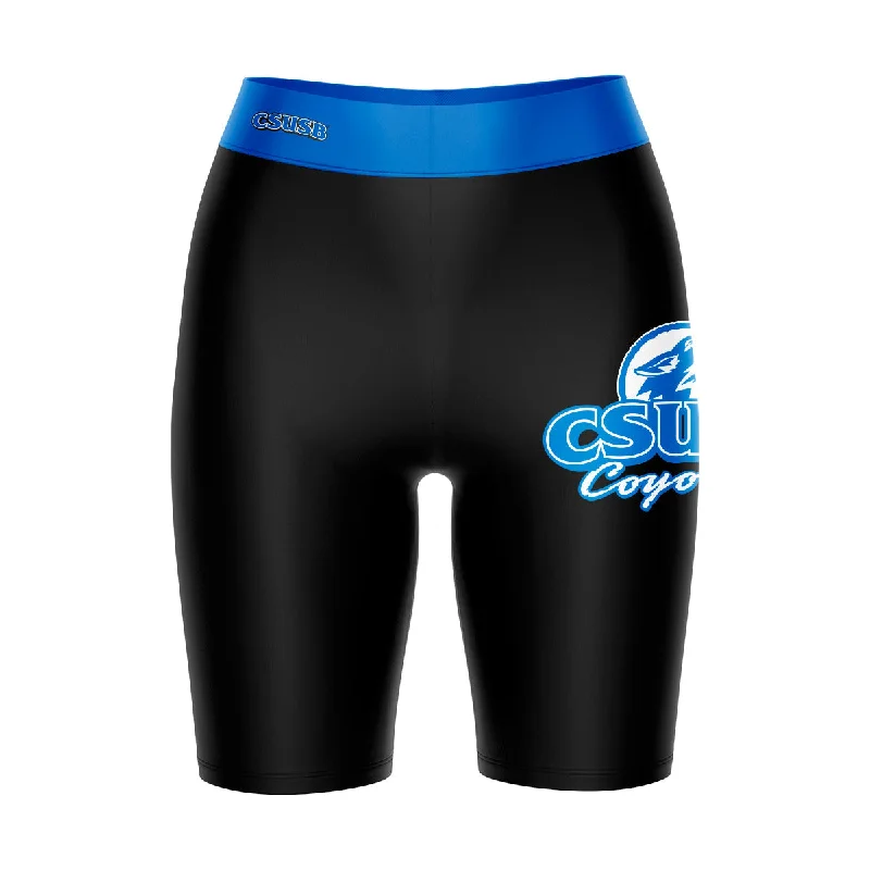 Closeout Cal State San Bernardino Coyotes CSUSB Logo on Thigh and Waistband Black and Blue Womens Bike Shorts by Vive La Fete Closeout Cal State San Bernardino Coyotes CSUSB Logo on Thigh and Waistband Black and Blue Womens Bike Shorts by Vive La Fete