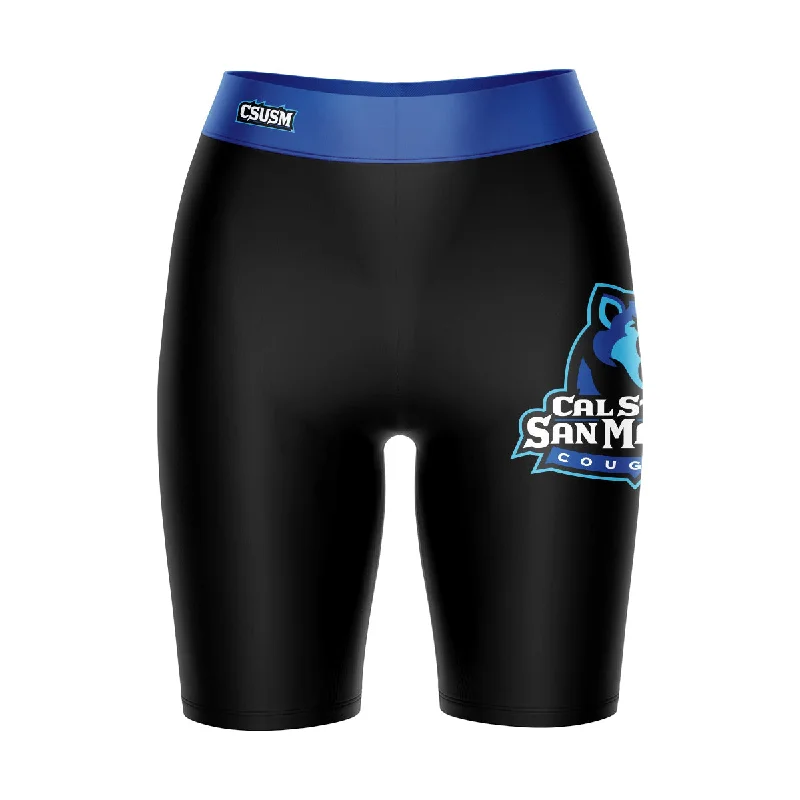 Deal Dash Cal State San Marcos Cougars Game Day Logo on Thigh and Waistband Black and Blue Womens Bike Shorts by Vive La Fete Deal Dash Cal State San Marcos Cougars Game Day Logo on Thigh and Waistband Black and Blue Womens Bike Shorts by Vive La Fete