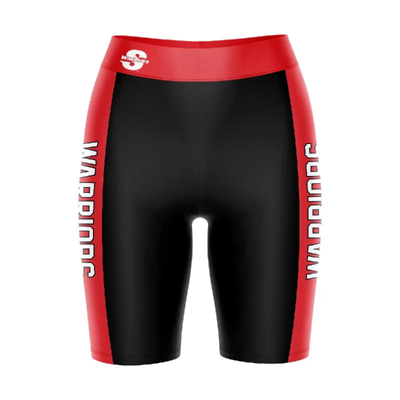 Deal of the Day California State Stanislaus Warriors Logo on Waistband and Red Stripes Black Womens Bike Shorts by Vive La Fete Deal of the Day California State Stanislaus Warriors Logo on Waistband and Red Stripes Black Womens Bike Shorts by Vive La Fete