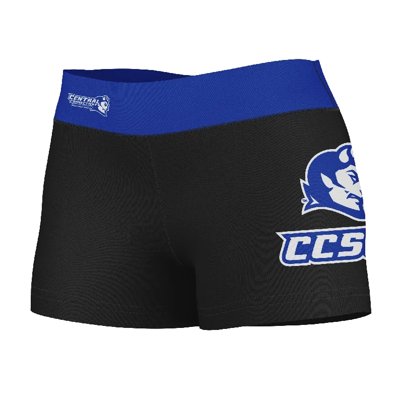 CCSU Blue Devils Logo on Thigh and Waistband Black & Blue Womens Yoga Booty Workout Shorts by Vive La Fete