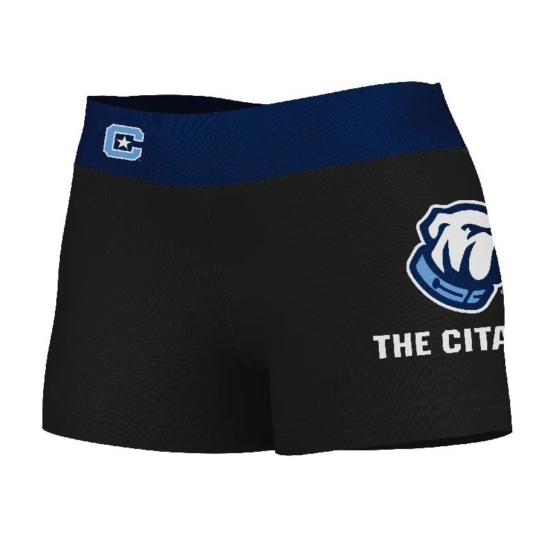Referral Discount Citadel Bulldogs Logo on Thigh & Waistband Black & Blue Womens Yoga Booty Workout Shorts by Vive La Fete Referral Discount Citadel Bulldogs Logo on Thigh & Waistband Black & Blue Womens Yoga Booty Workout Shorts by Vive La Fete