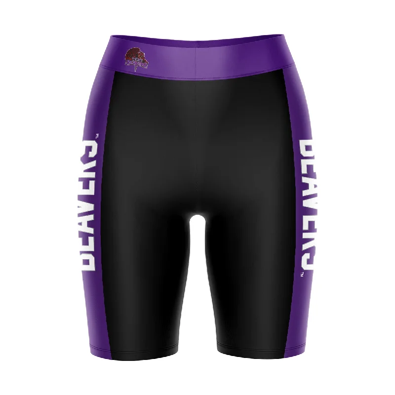 Mega Sale City College of New York CCNY Game Day Logo on Waistband and Purple Stripes Black Womens Bike Shorts by Vive La Fete Mega Sale City College of New York CCNY Game Day Logo on Waistband and Purple Stripes Black Womens Bike Shorts by Vive La Fete