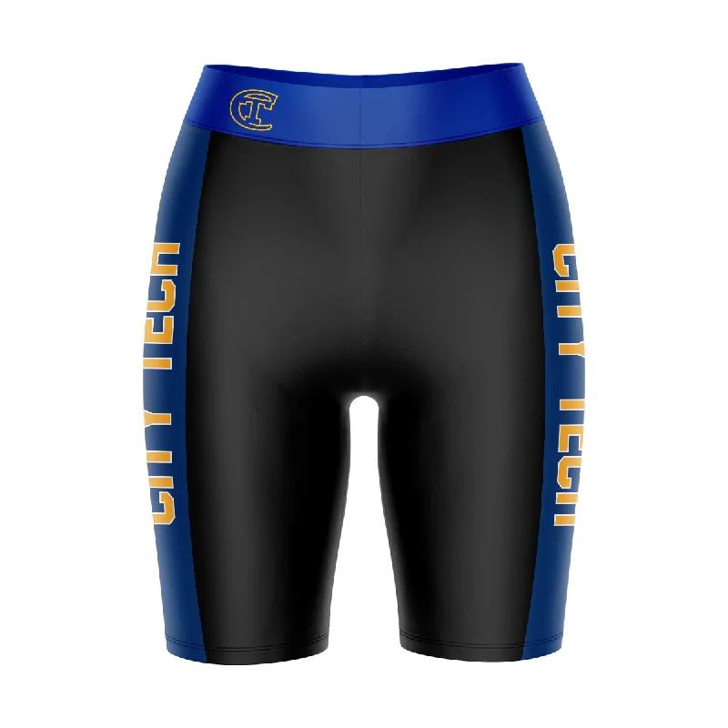 Low Prices City Tech Yellow Jackets NYCCT Game Day Logo on Waistband and Blue Stripes Black Womens Bike Shorts by Vive La Fete Low Prices City Tech Yellow Jackets NYCCT Game Day Logo on Waistband and Blue Stripes Black Womens Bike Shorts by Vive La Fete