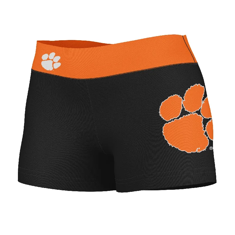 Buy More, Save More Clemson Tigers Logo on Thigh & Waistband Black & Orange Womens Yoga Booty Workout Shorts by Vive La Fete Buy More, Save More Clemson Tigers Logo on Thigh & Waistband Black & Orange Womens Yoga Booty Workout Shorts by Vive La Fete