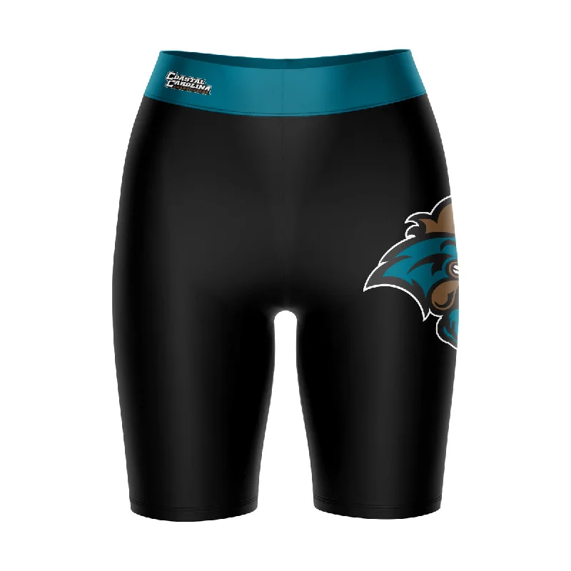 Exclusive Savings Coastal Carolina Chanticleers CCU Logo on Thigh and Waistband Black and Teal Womens Bike Shorts by Vive La Fete Exclusive Savings Coastal Carolina Chanticleers CCU Logo on Thigh and Waistband Black and Teal Womens Bike Shorts by Vive La Fete