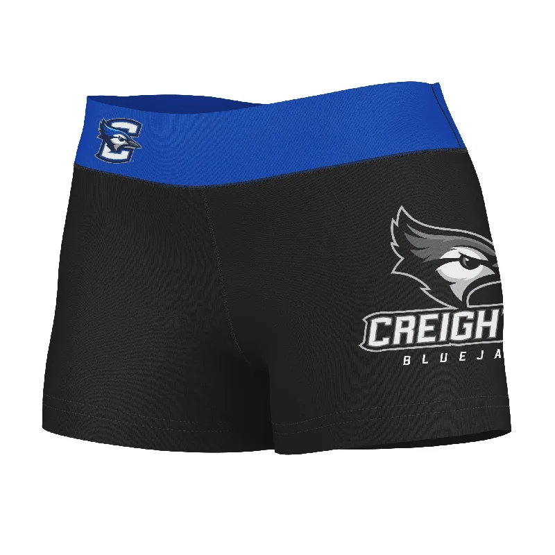 Anniversary Sale Creighton Bluejays Logo on Thigh & Waistband Black & Blue Womens Yoga Booty Workout Shorts by Vive La Fete Anniversary Sale Creighton Bluejays Logo on Thigh & Waistband Black & Blue Womens Yoga Booty Workout Shorts by Vive La Fete