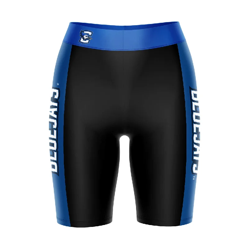 Bargain Prices Creighton University Bluejays Game Day Logo on Waistband and Blue Stripes Black Womens Bike Shorts by Vive La Fete Bargain Prices Creighton University Bluejays Game Day Logo on Waistband and Blue Stripes Black Womens Bike Shorts by Vive La Fete