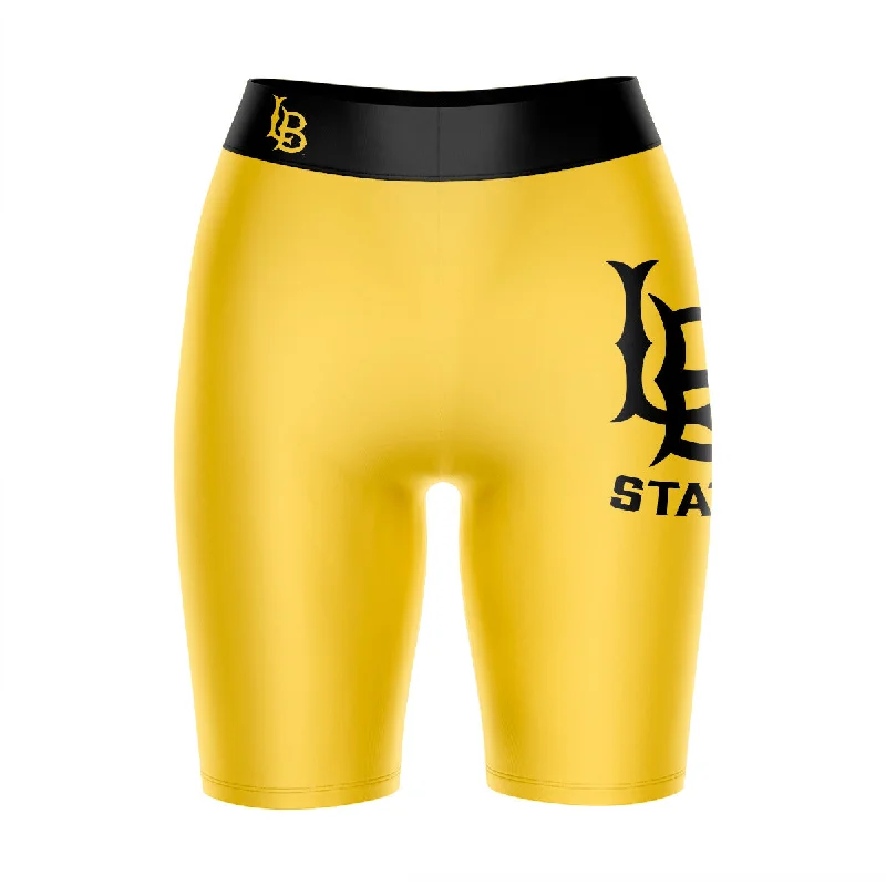 Deep Discounts CSULB 49ers Game Day Logo on Thigh and Waistband Gold and Black Womens Bike Shorts by Vive La Fete Deep Discounts CSULB 49ers Game Day Logo on Thigh and Waistband Gold and Black Womens Bike Shorts by Vive La Fete