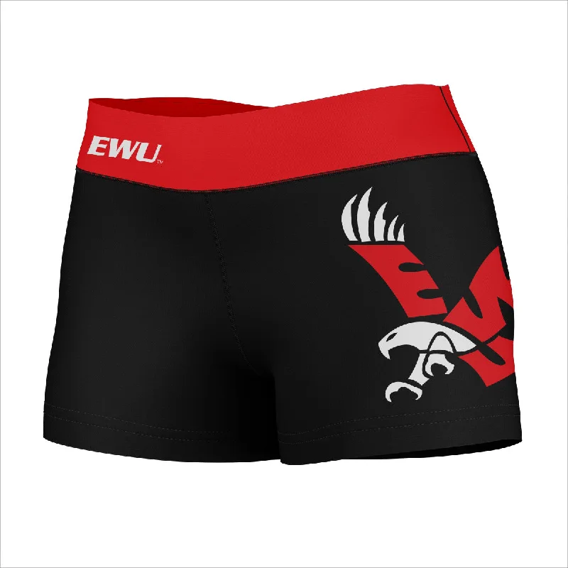 Eastern Washington Eagles EWU Logo on Thigh & Waistband Black & Red Womens Yoga Booty Workout Shorts 3.75 In by Vive La Fete