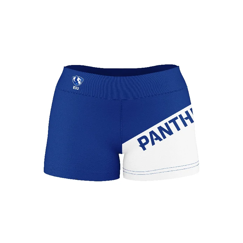 Flash Sale EIU Eastern Illinois University Game Day Collegiate Leg Color Block Blue White Optimum Womens Yoga Shorts by Vive La Fete Flash Sale EIU Eastern Illinois University Game Day Collegiate Leg Color Block Blue White Optimum Womens Yoga Shorts by Vive La Fete