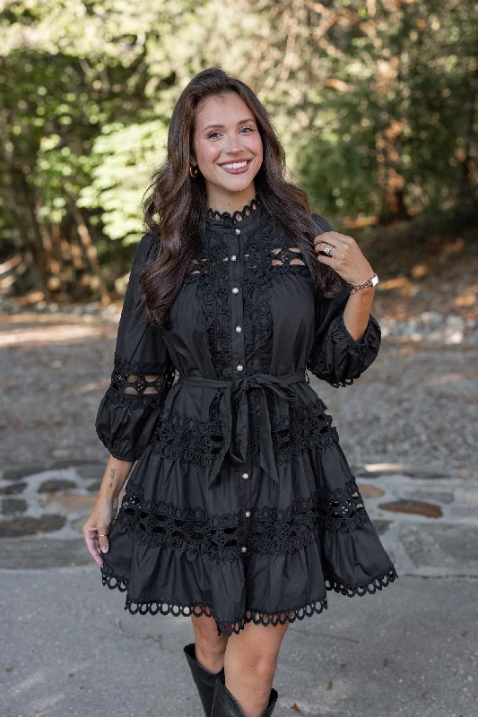 Early Access Embroidered Lace Black Tiered Dress