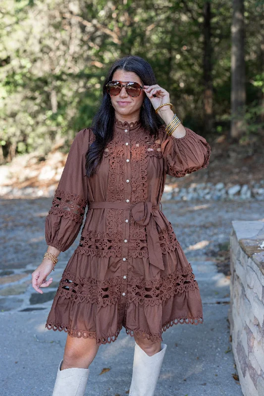 Instant Discount Embroidered Lace Brown Tiered Dress