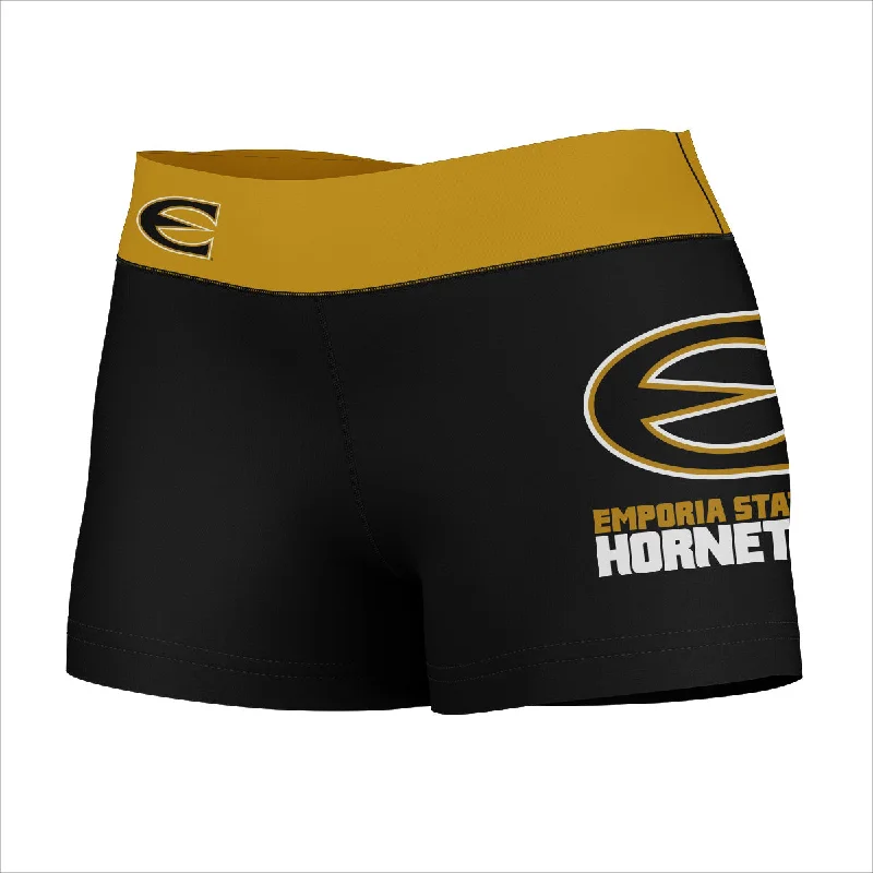 Holiday Sale Emporia State Hornets Logo on Thigh & Waistband Black & Gold Womens Yoga Booty Workout Shorts by Vive La Fete Holiday Sale Emporia State Hornets Logo on Thigh & Waistband Black & Gold Womens Yoga Booty Workout Shorts by Vive La Fete