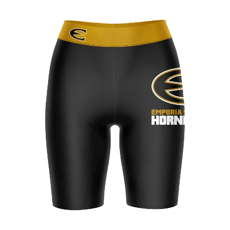 One-DAY Sale Emporia State Hornets Game Day Logo on Thigh and Waistband Black and Gold Womens Bike Shorts by Vive La Fete One-DAY Sale Emporia State Hornets Game Day Logo on Thigh and Waistband Black and Gold Womens Bike Shorts by Vive La Fete