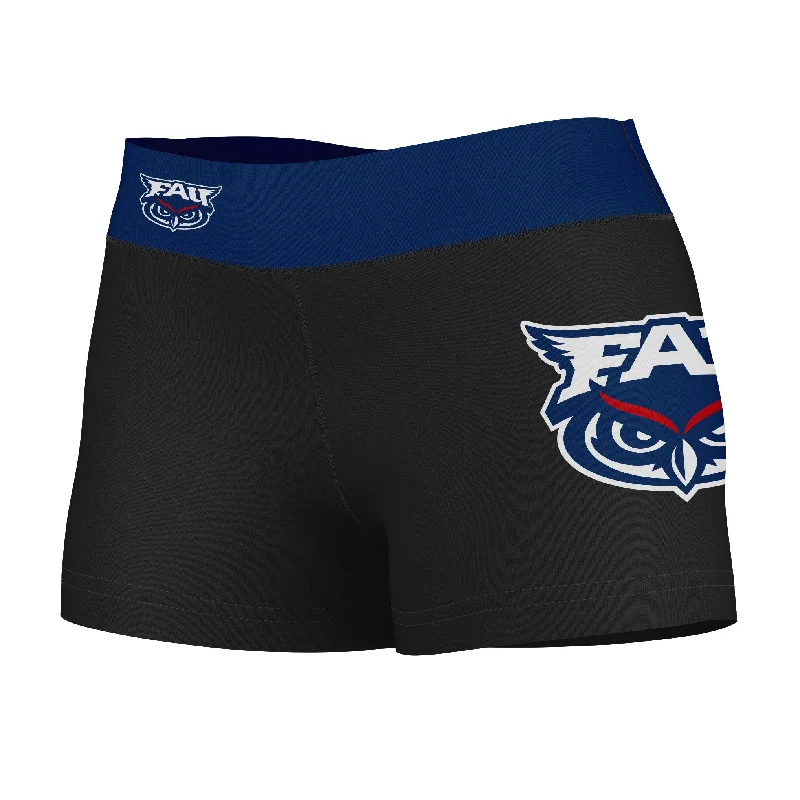 FAU Owls Game Day Logo on Thigh and Waistband Black and Blue Womens Yoga Booty Workout Shorts by Vive La Fete