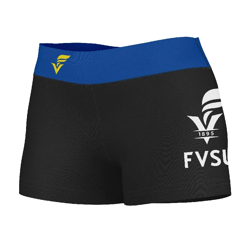 New Arrival Fort Valley State Wildcats FVSU Logo on Thigh & Waistband Black & Blue Womens Yoga Booty Workout Shorts by Vive La Fete New Arrival Fort Valley State Wildcats FVSU Logo on Thigh & Waistband Black & Blue Womens Yoga Booty Workout Shorts by Vive La Fete