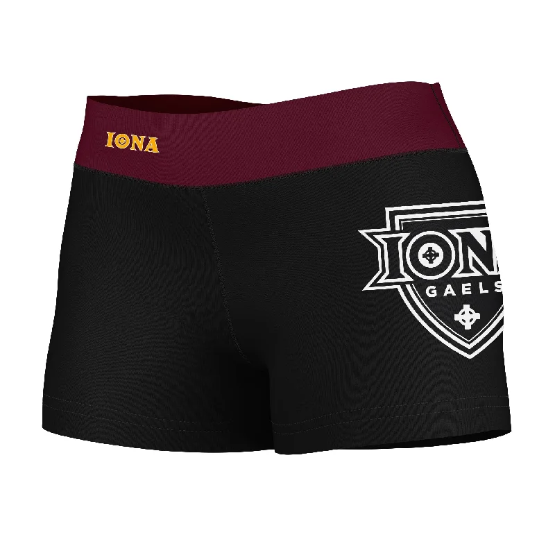 Steals and Deals Iona Gaels Logo on Thigh & Waistband Black & Maroon Womens Yoga Booty Workout Shorts by Vive La Fete Steals and Deals Iona Gaels Logo on Thigh & Waistband Black & Maroon Womens Yoga Booty Workout Shorts by Vive La Fete