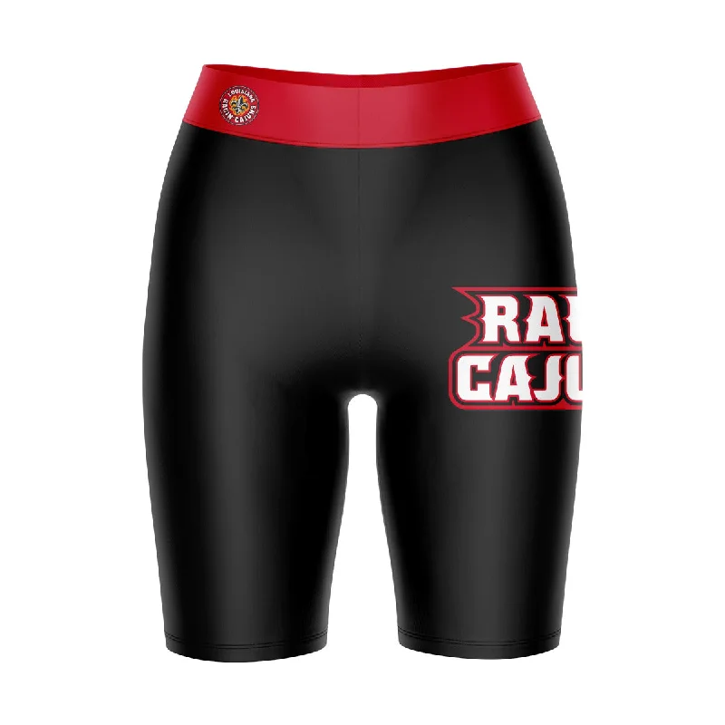 Louisiana Ragin Cajuns Game Day Logo on Thigh and Waistband Black and Red Womens Bike Shorts by Vive La Fete