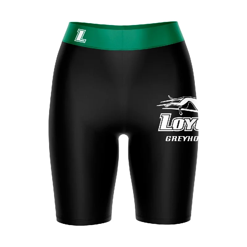 Unmissable Offer Loyola Maryland Greyhounds Game Day Logo on Thigh and Waistband Black and Green Womens Bike Shorts by Vive La Fete Unmissable Offer Loyola Maryland Greyhounds Game Day Logo on Thigh and Waistband Black and Green Womens Bike Shorts by Vive La Fete