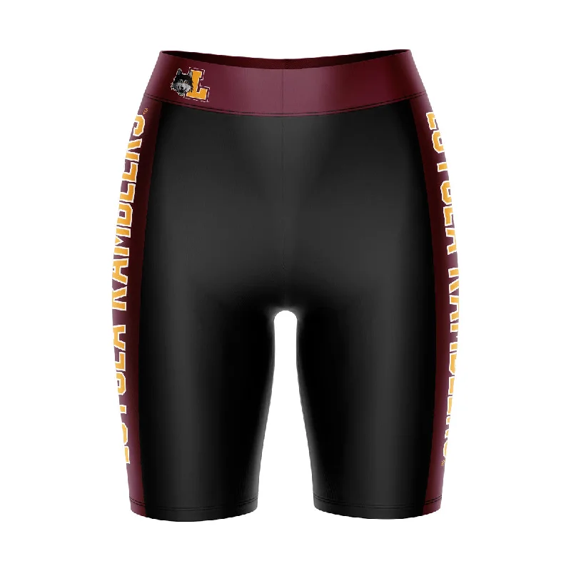Can't Be Beat Loyola Ramblers LUC Game Day Logo on Waistband and Maroon Stripes Black Womens Bike Shorts by Vive La Fete
