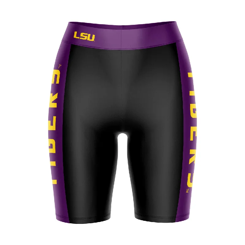 LSU Tigers Game Day Logo on Waistband and Purple Stripes Black Womens Bike Shorts by Vive La Fete