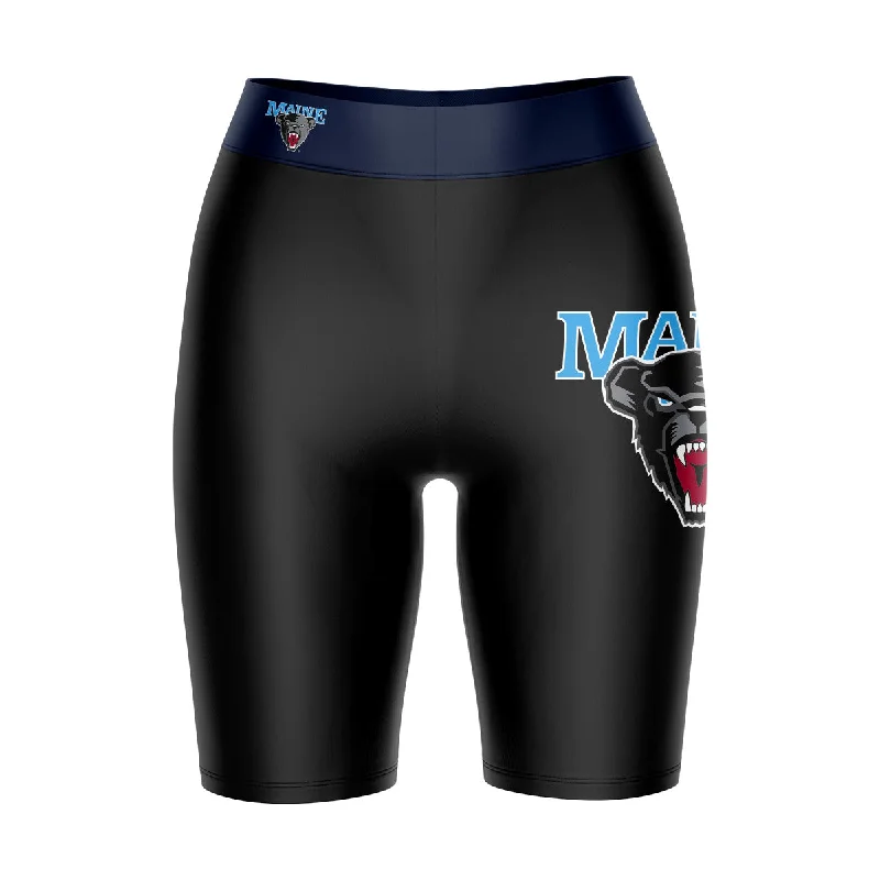 Maine Black Bears Game Day Logo on Thigh and Waistband Black and Navy Womens Bike Shorts by Vive La Fete