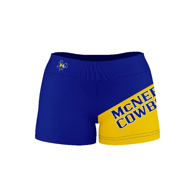 McNeese State Cowboys Game Day Collegiate Leg Color Block Blue Gold Optimum Womens Yoga Shorts by Vive La Fete