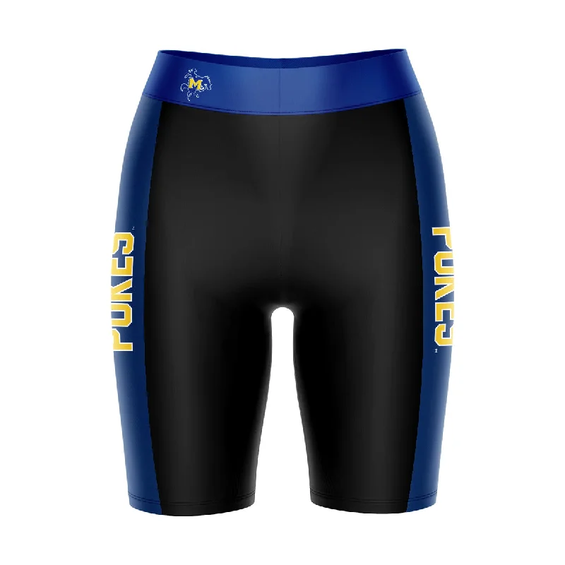 Great Deals McNeese State Cowboys Game Day Logo on Waistband and Blue Stripes Black Womens Bike Shorts by Vive La Fete Great Deals McNeese State Cowboys Game Day Logo on Waistband and Blue Stripes Black Womens Bike Shorts by Vive La Fete