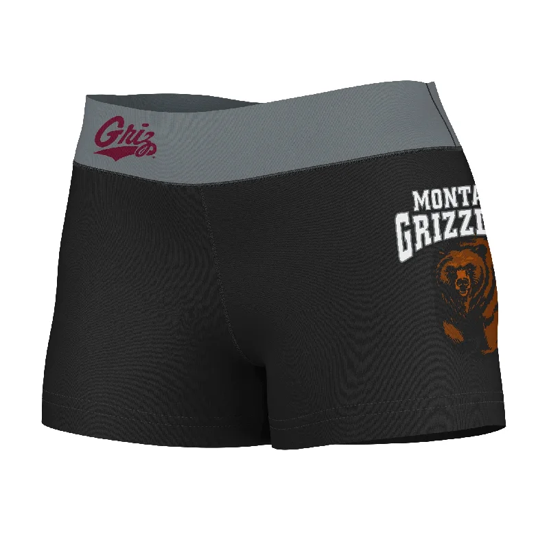 Extra Savings Montana Grizzlies UMT Logo on Thigh & Waistband Black & Gray Womens Yoga Booty Workout Shorts by Vive La Fete