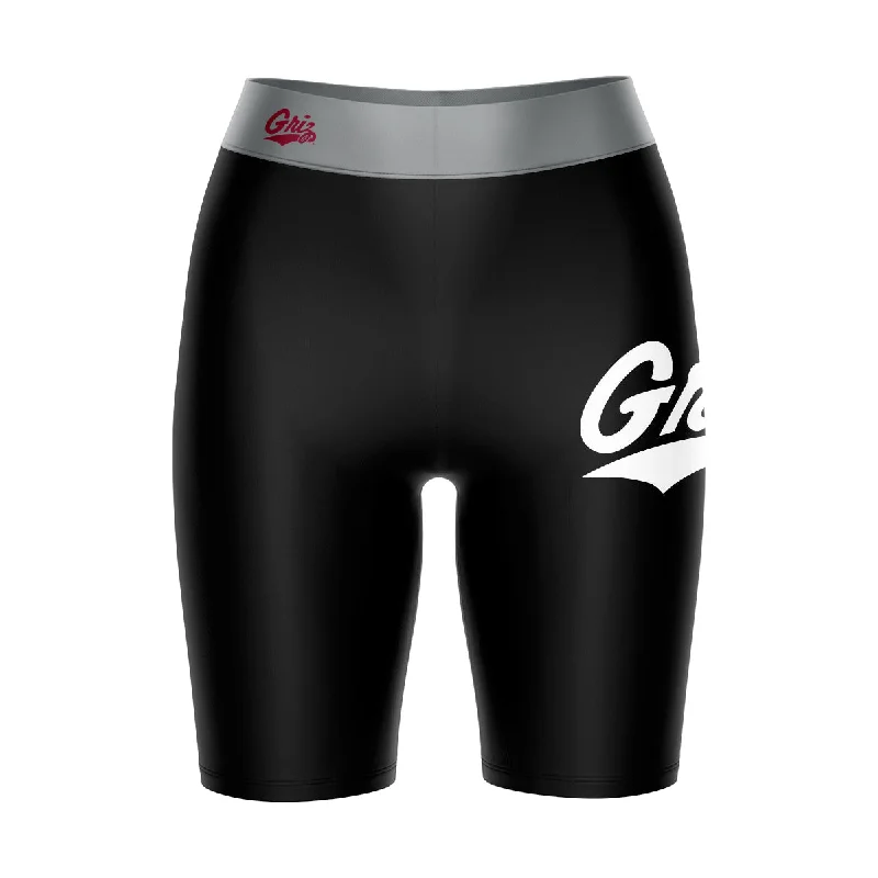 Quick Sale Montana Grizzlies UMT Game Day Logo on Thigh and Waistband Black and Gray Womens Bike Shorts by Vive La Fete Quick Sale Montana Grizzlies UMT Game Day Logo on Thigh and Waistband Black and Gray Womens Bike Shorts by Vive La Fete