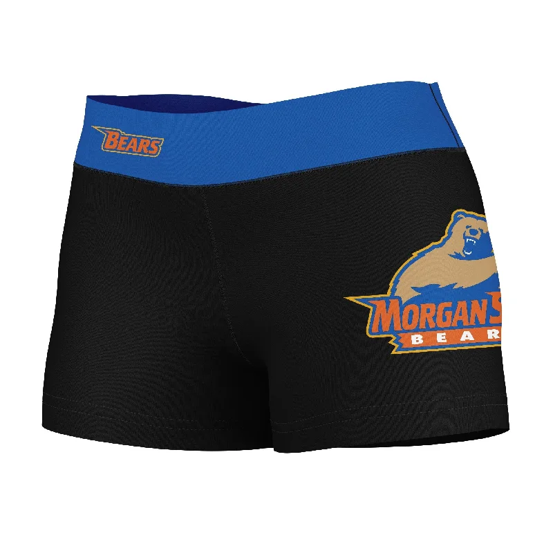 Limited Availability Morgan State Bears Logo on Thigh & Waistband Black & Blue Womens Yoga Booty Workout Shorts by Vive La Fete Limited Availability Morgan State Bears Logo on Thigh & Waistband Black & Blue Womens Yoga Booty Workout Shorts by Vive La Fete