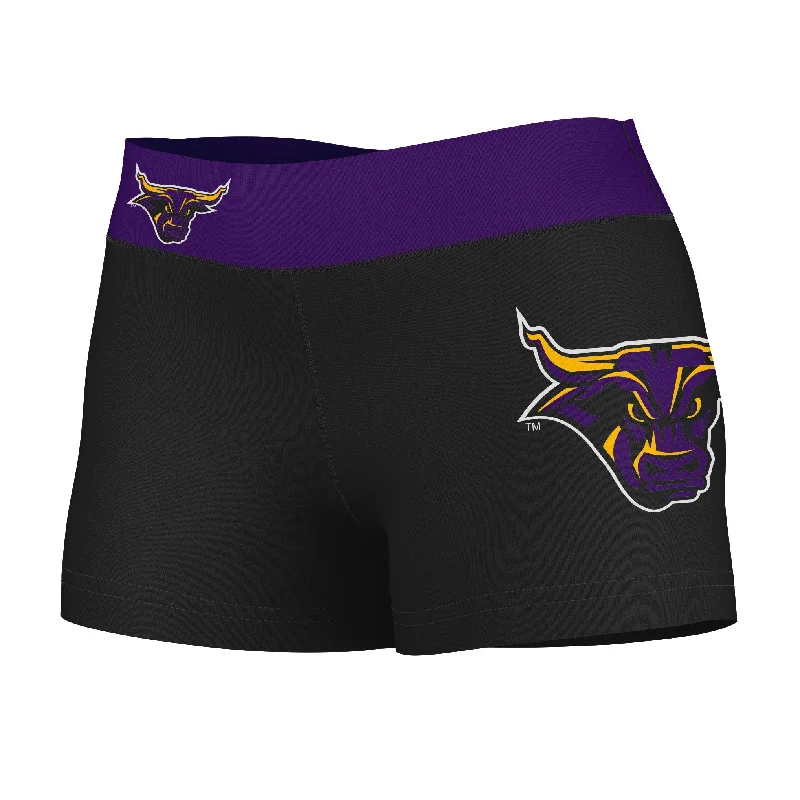 MSU Mavericks Logo on Thigh and Waistband Black & Purple Womens Yoga Booty Workout Shorts by Vive La Fete