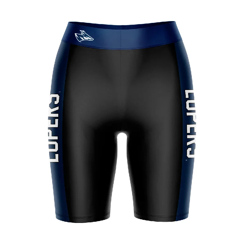 Hurry In Nebraska-Kearney Lopers UNK Game Day Logo on Waistband and Blue Stripes Black Womens Bike Shorts by Vive La Fete Hurry In Nebraska-Kearney Lopers UNK Game Day Logo on Waistband and Blue Stripes Black Womens Bike Shorts by Vive La Fete