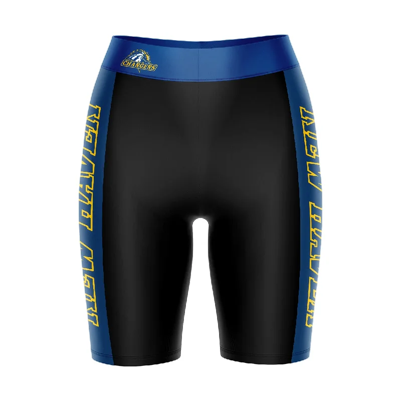 Value Deals New Haven Chargers Game Day Logo on Waistband and Blue Stripes Black Womens Bike Shorts by Vive La Fete