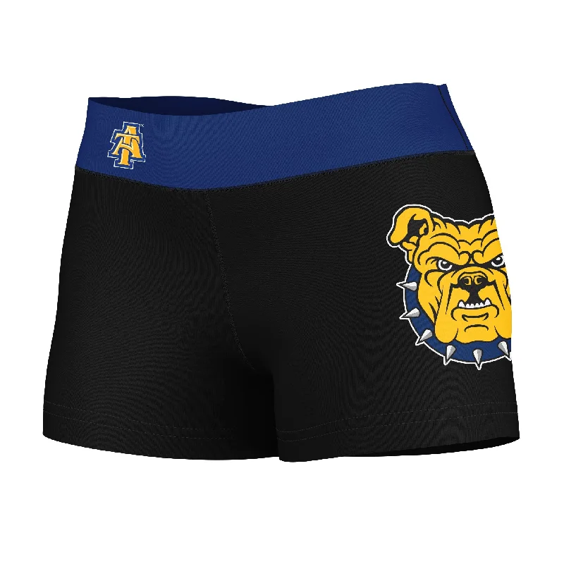 Deep Discounts North Carolina A&T Aggies Logo on Thigh & Waistband Black Blue Womens Yoga Booty Workout Shorts by Vive La Fete Deep Discounts North Carolina A&T Aggies Logo on Thigh & Waistband Black Blue Womens Yoga Booty Workout Shorts by Vive La Fete
