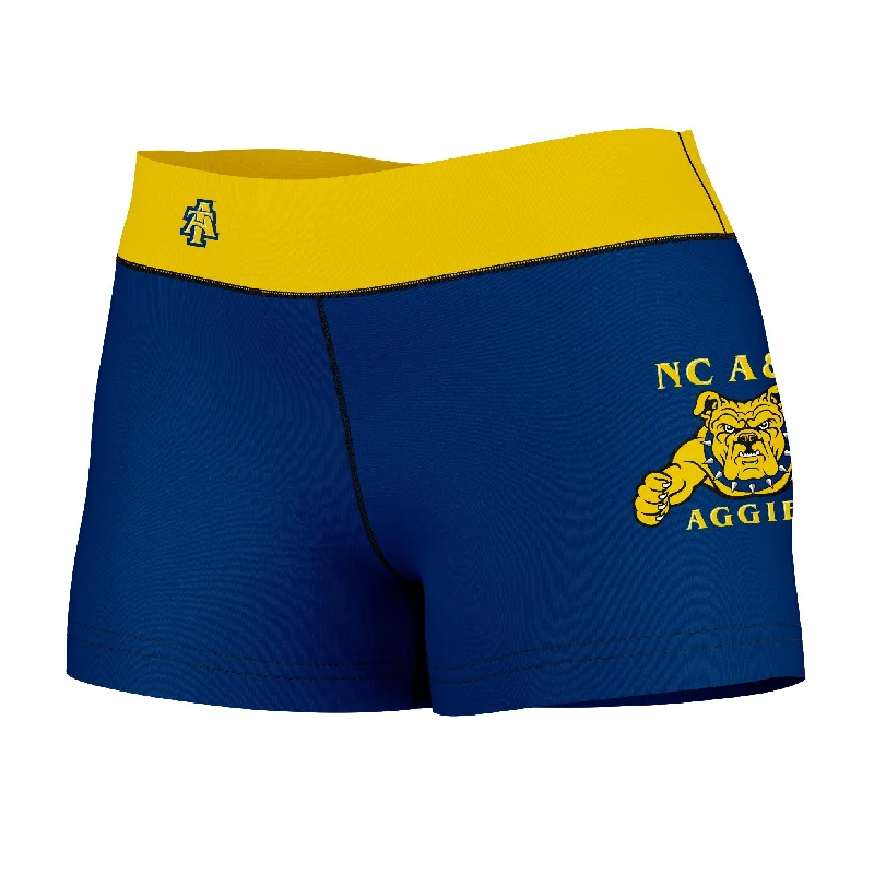 Early Access North Carolina A&T Aggies Logo on Thigh & Waistband Blue Gold Womens Yoga Booty Workout Shorts by Vive La Fete Early Access North Carolina A&T Aggies Logo on Thigh & Waistband Blue Gold Womens Yoga Booty Workout Shorts by Vive La Fete