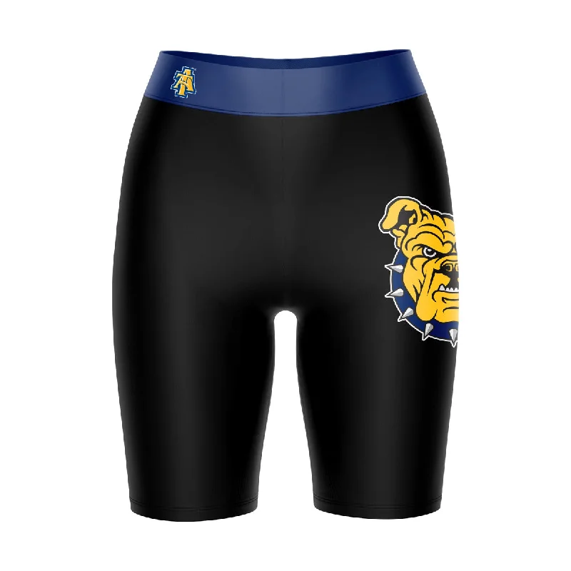 Price Cut North Carolina A&T Aggies Game Day Logo on Thigh and Waistband Black and Blue Womens Bike Shorts by Vive La Fete Price Cut North Carolina A&T Aggies Game Day Logo on Thigh and Waistband Black and Blue Womens Bike Shorts by Vive La Fete