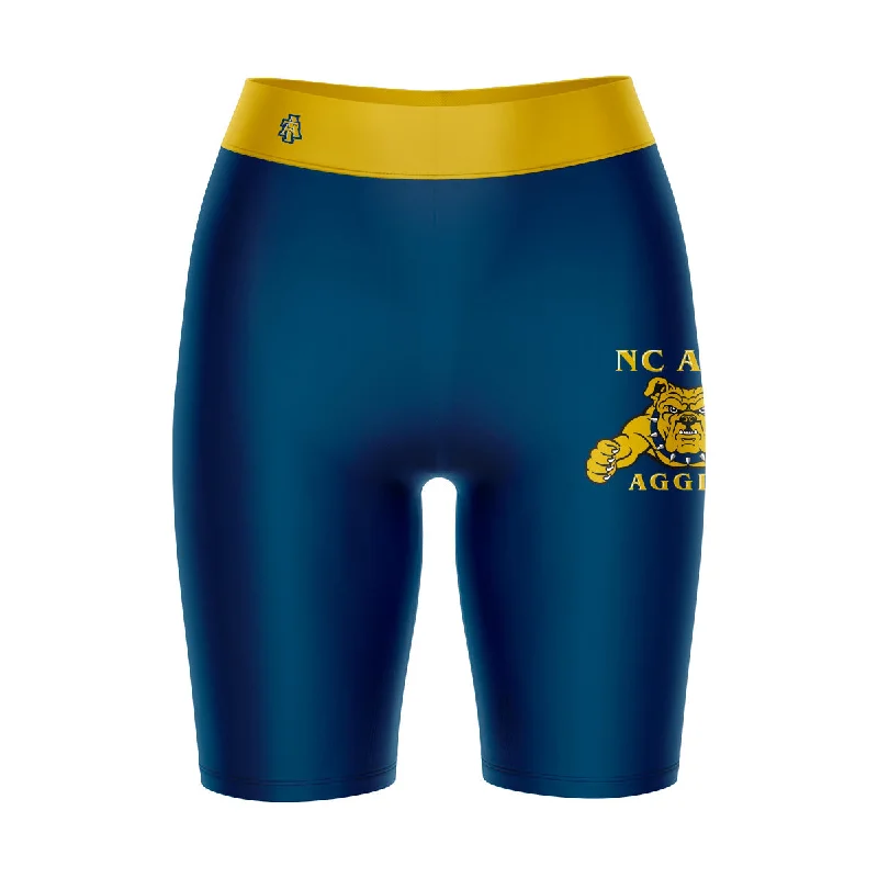 Price Rollback North Carolina A&T Aggies Game Day Logo on Thigh and Waistband Blue and Gold Womens Bike Shorts by Vive La Fete Price Rollback North Carolina A&T Aggies Game Day Logo on Thigh and Waistband Blue and Gold Womens Bike Shorts by Vive La Fete
