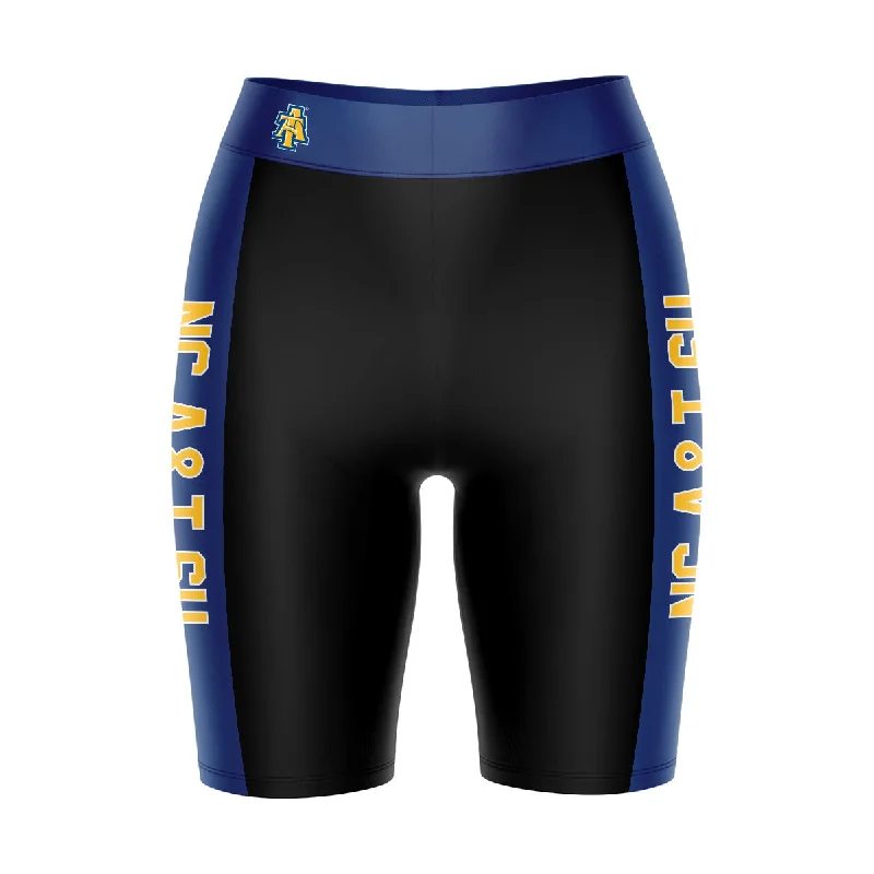 Fantastic Offers North Carolina A&T Aggies Game Day Logo on Waistband and Blue Stripes Black Womens Bike Shorts by Vive La Fete