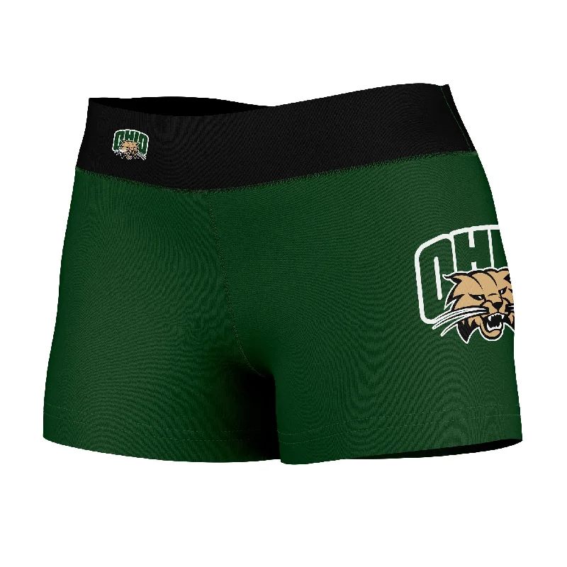 Lowest Prices Ohio Bobcats Logo on Thigh & Waistband Green Black Womens Yoga Booty Workout Shorts by Vive La Fete Lowest Prices Ohio Bobcats Logo on Thigh & Waistband Green Black Womens Yoga Booty Workout Shorts by Vive La Fete