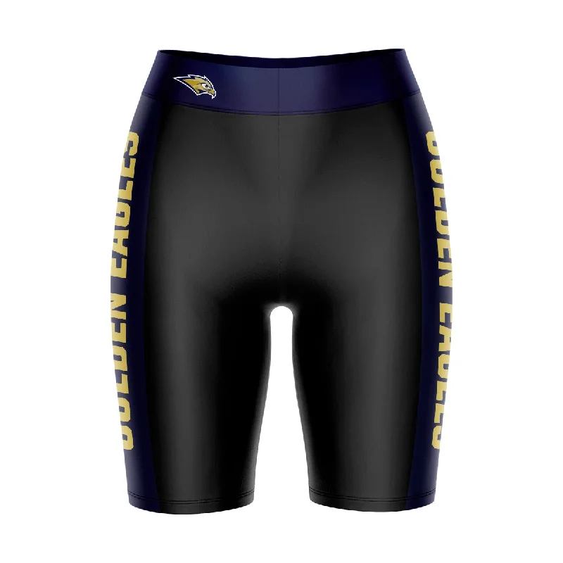 Quick Sale Oral Roberts Golden Eagles Game Day Logo on Waistband and Navy Stripes Black Womens Bike Shorts by Vive La Fete Quick Sale Oral Roberts Golden Eagles Game Day Logo on Waistband and Navy Stripes Black Womens Bike Shorts by Vive La Fete