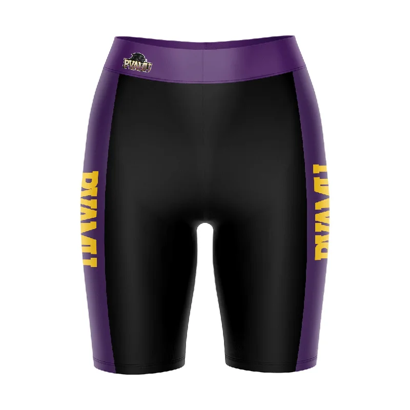 Early Bird Discount Prairie View A&M Panthers Game Day Logo on Waistband and Purple Stripes Black Womens Bike Shorts by Vive La Fete Early Bird Discount Prairie View A&M Panthers Game Day Logo on Waistband and Purple Stripes Black Womens Bike Shorts by Vive La Fete