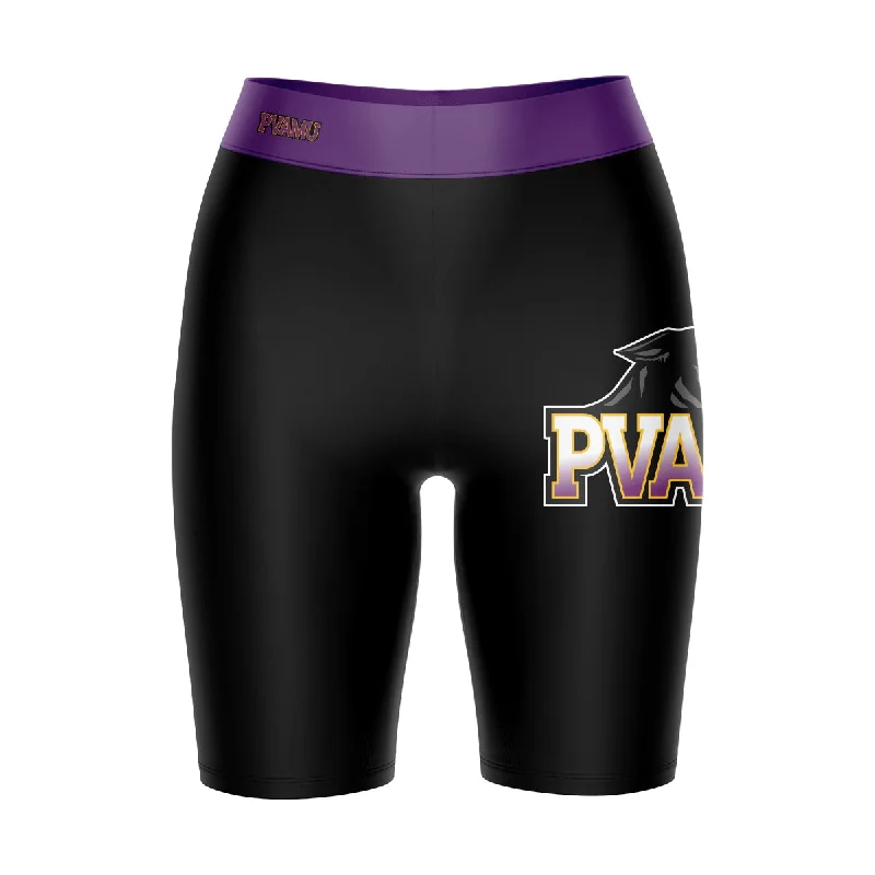 Final Markdown Prairie View A&M Panthers PVAMU Logo on Thigh and Waistband Black and Purple Womens Bike Shorts by Vive La Fete Final Markdown Prairie View A&M Panthers PVAMU Logo on Thigh and Waistband Black and Purple Womens Bike Shorts by Vive La Fete