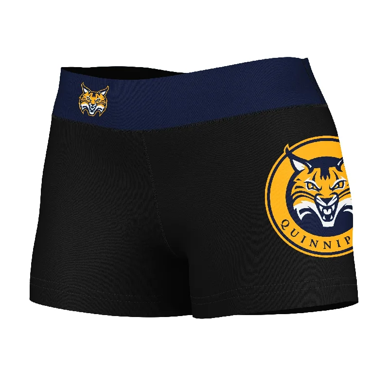 Don't Miss Quinnipiac Bobcats Logo on Thigh & Waistband Black & Navy Womens Yoga Booty Workout Shorts by Vive La Fete Don't Miss Quinnipiac Bobcats Logo on Thigh & Waistband Black & Navy Womens Yoga Booty Workout Shorts by Vive La Fete