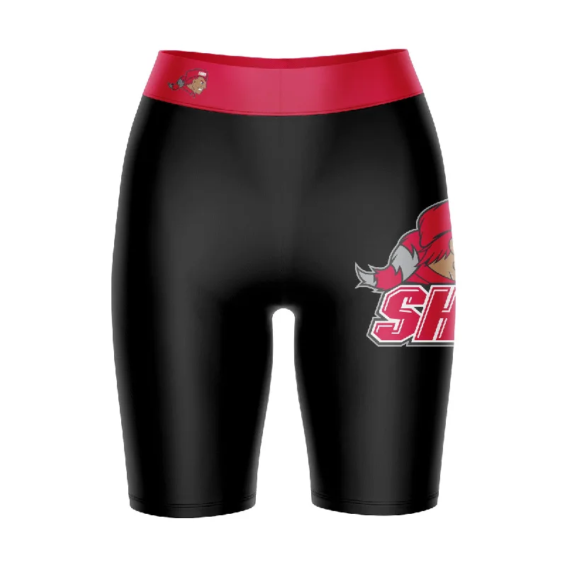 Amazing Deals SHU Sacred Heart Pioneers Game Day Logo on Thigh & Waistband Black and Red Womens Bike Shorts by Vive La Fete Amazing Deals SHU Sacred Heart Pioneers Game Day Logo on Thigh & Waistband Black and Red Womens Bike Shorts by Vive La Fete